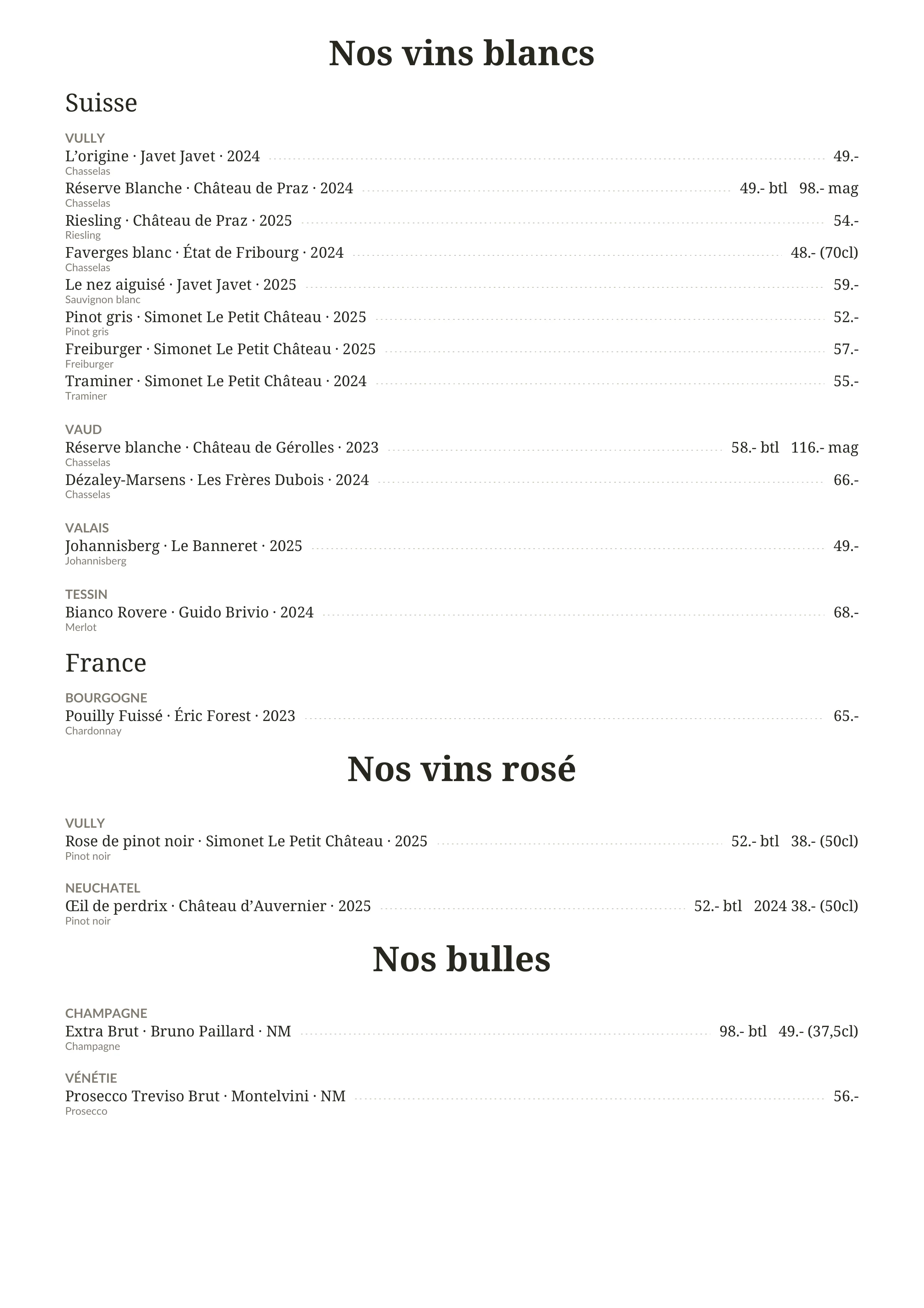 Carte des vins : vins blancs, rosés et bulles