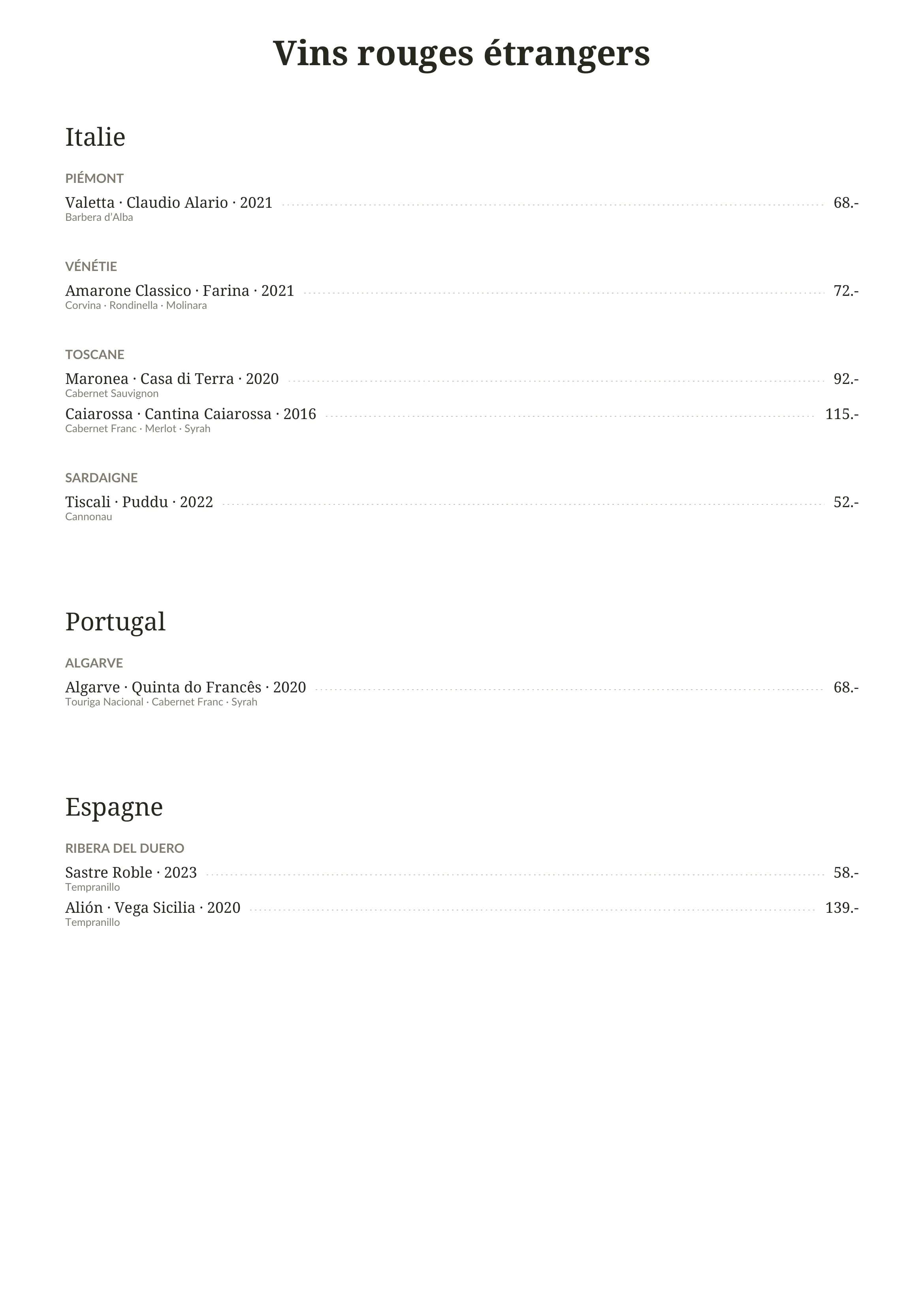 Carte des vins : vins rouges étrangers