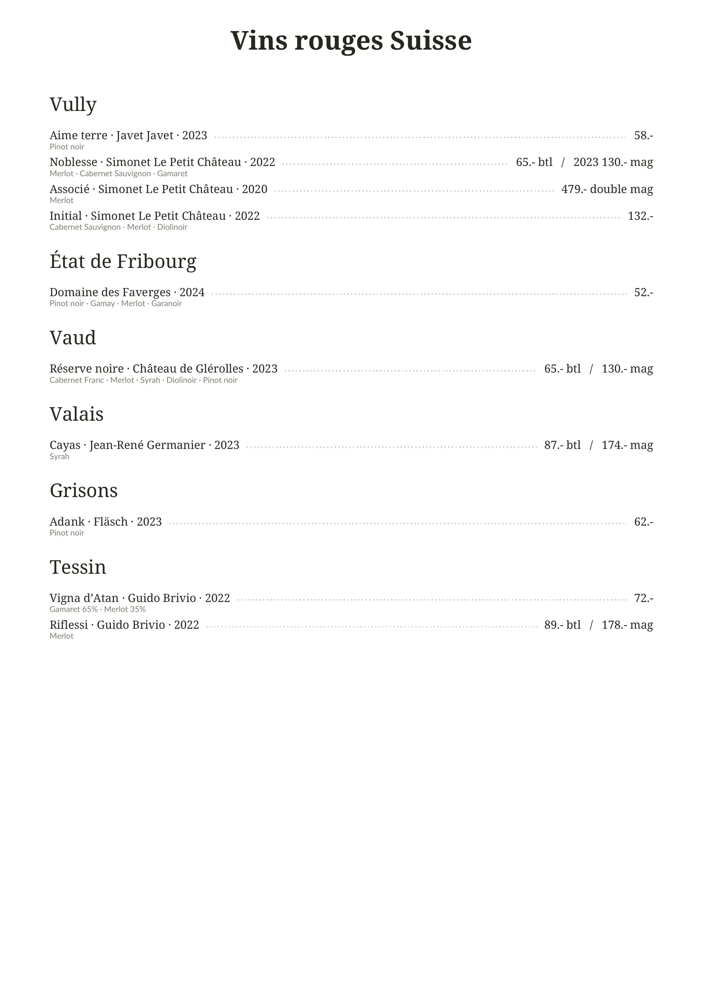 Carte des vins : vins rouges suisses