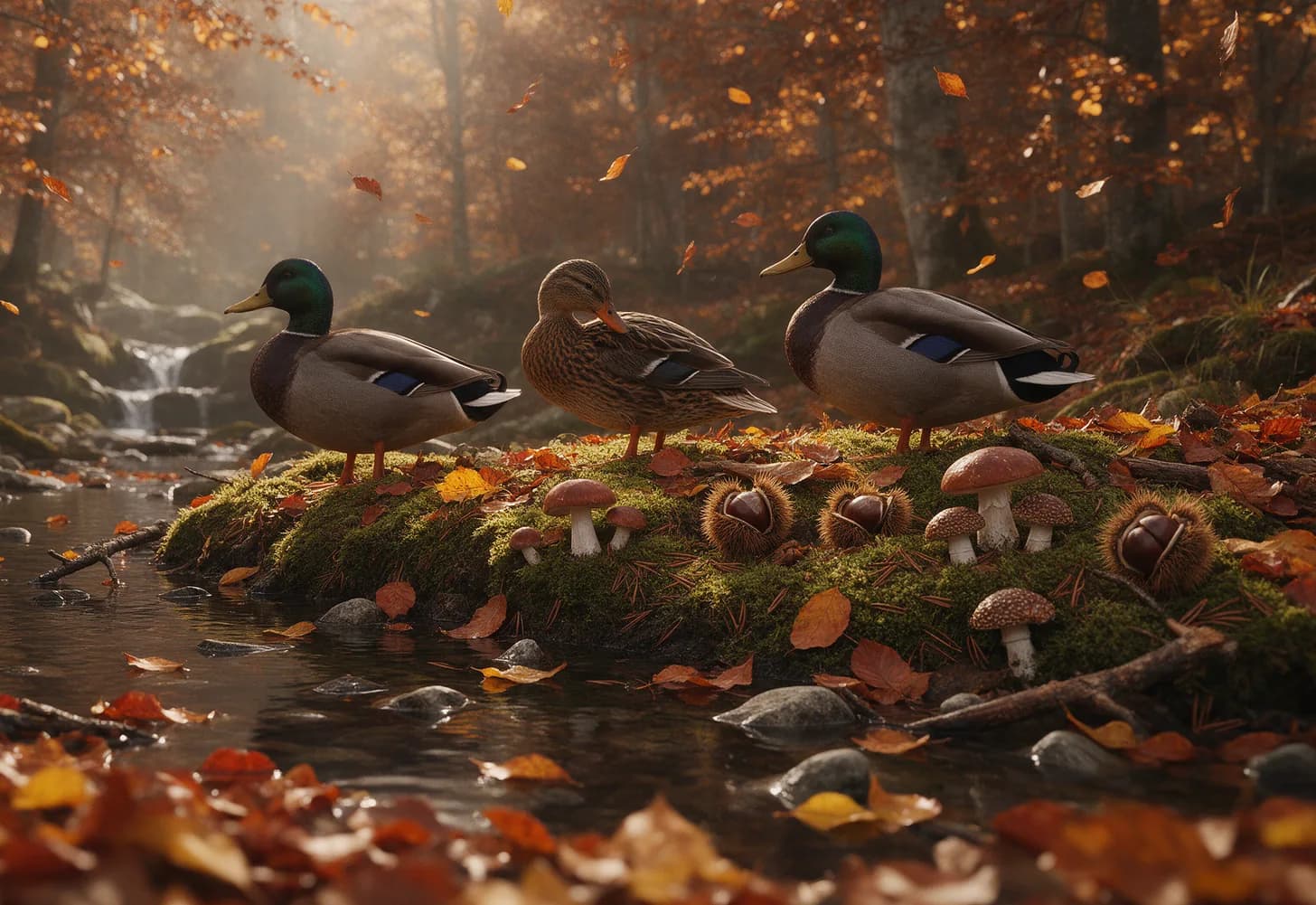 Saison de chasse 2026 — trois canards au bord du ruisseau en automne